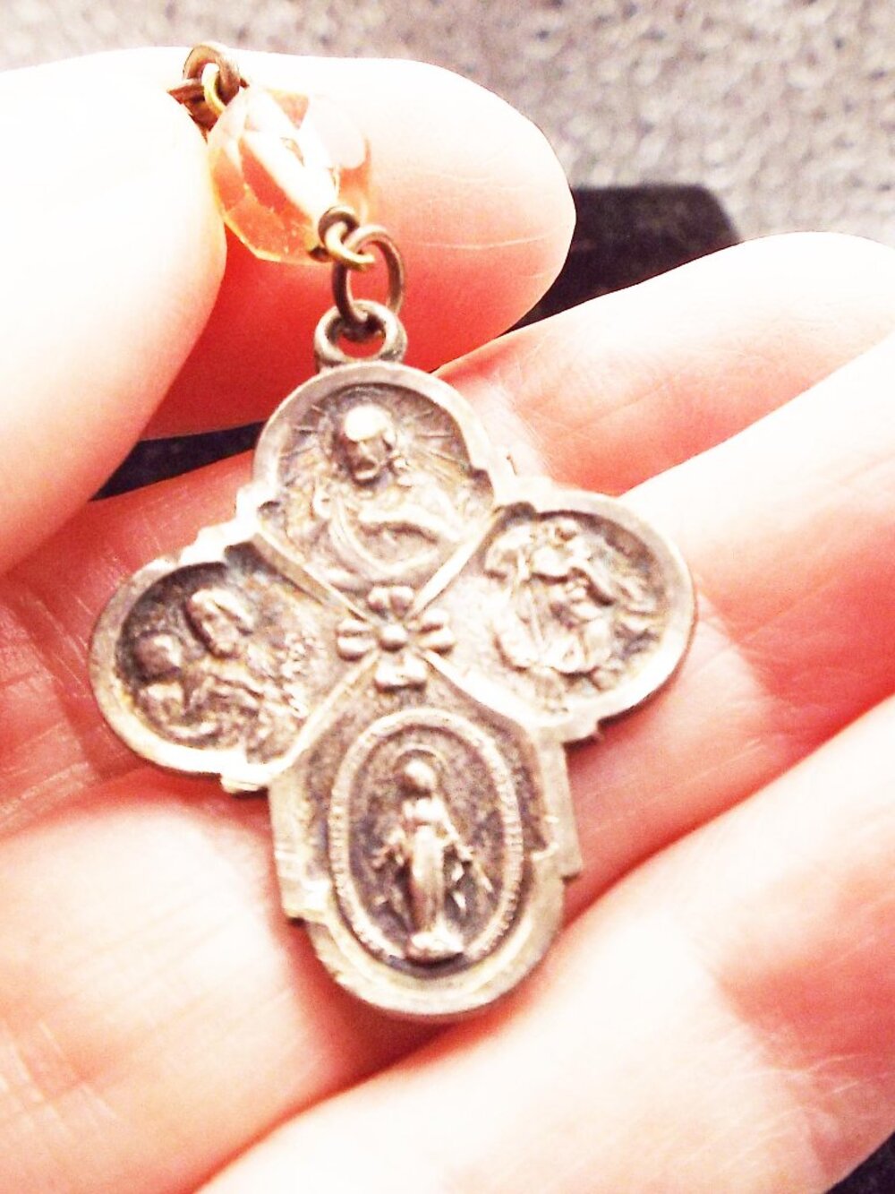 ANTIQUE STERLING SILVER FOUR-WAY CROSS CATHOLIC MEDAL W/ TUDOR ROSE PENDANT 11